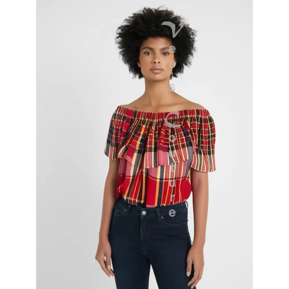 Single Layer Off-Shoulder Madras Blouse Classic Red